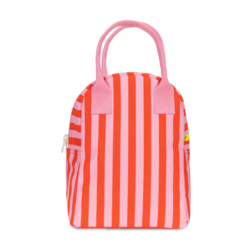 Red and pink striped bag with a handle on a white background
