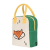 Children's lunch bag with fox design and yellow handles on a white background