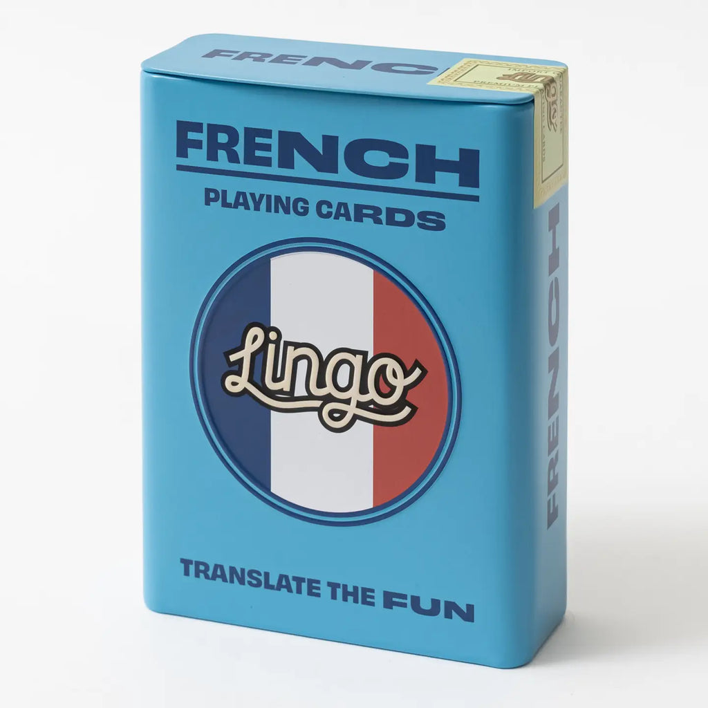A blue metal tin of French Playing Cards by Lingo, featuring a circular French flag emblem on the front, set against a plain white background.