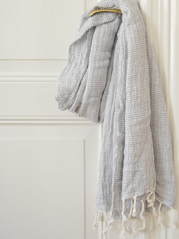 Gray textured towel draped over a wooden hanger against a white wall.