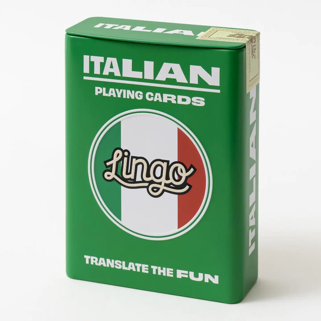 Green box of Italian playing cards with 'Lingo' branding on a white background