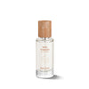 Perfume bottle with wooden cap on a white background