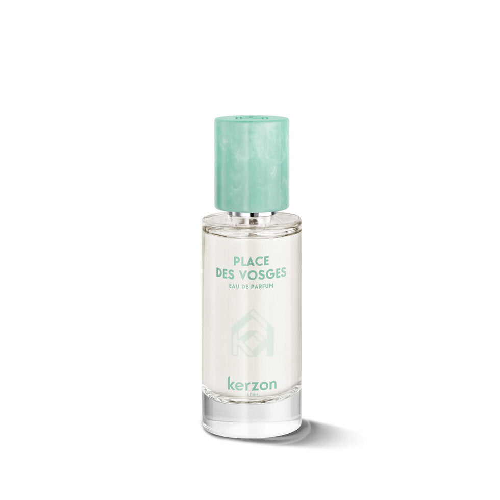 Perfume bottle labeled 'Place des Vosges' by Kerzon on a white background