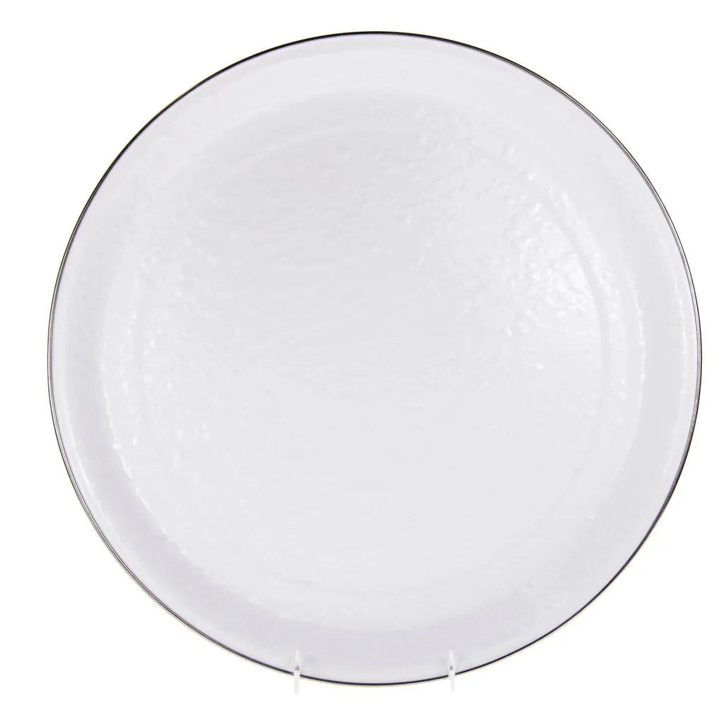 enamel serving tray with silver rim on a white background