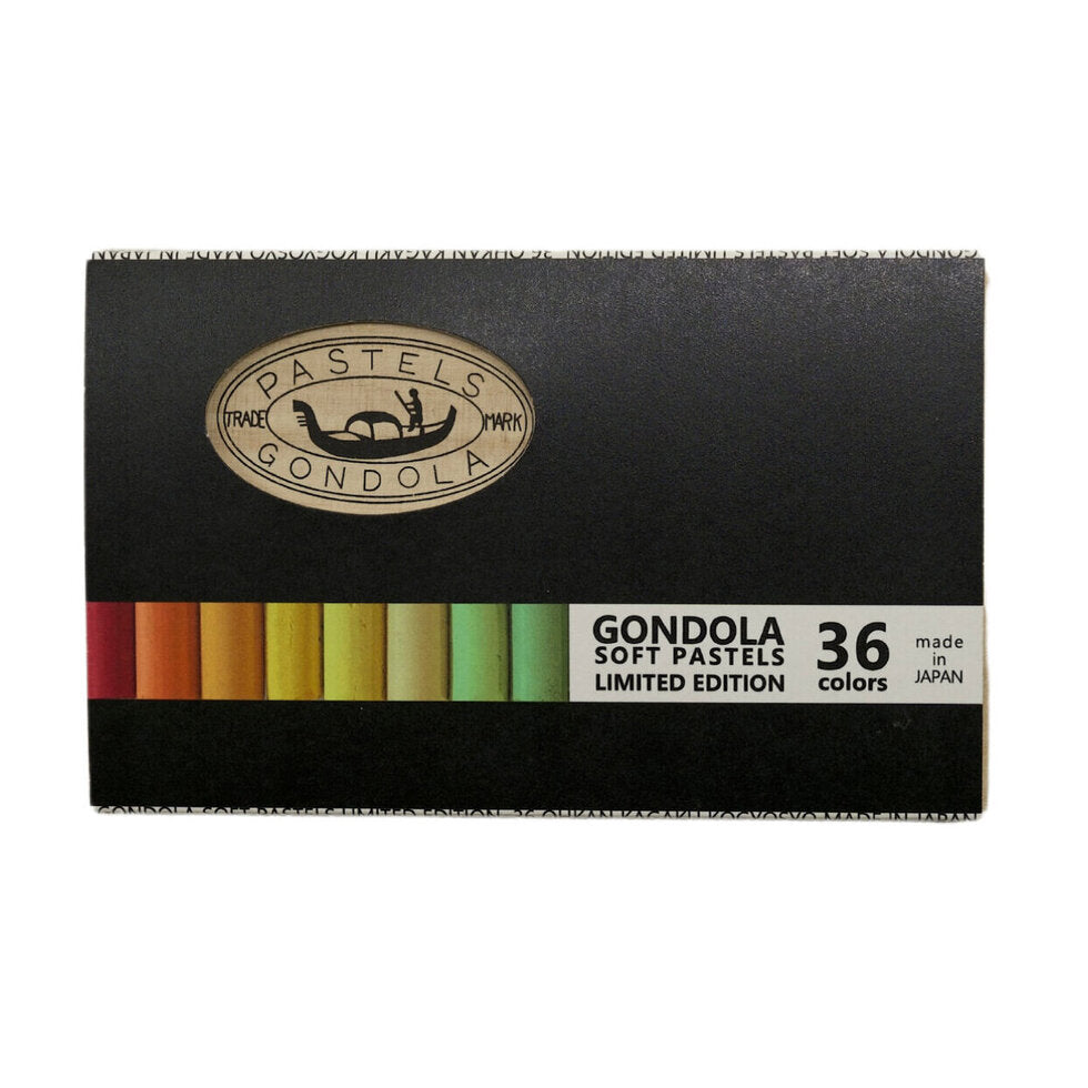 Box of Gondola soft pastels with color swatches on a white background