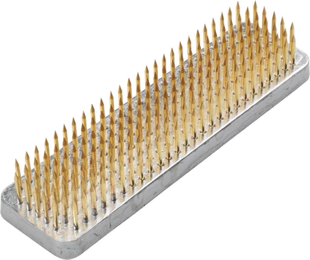 Rectangular metal plate with gold-colored pins.
