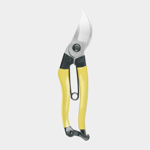 Gardening shears with yellow handles on a white background