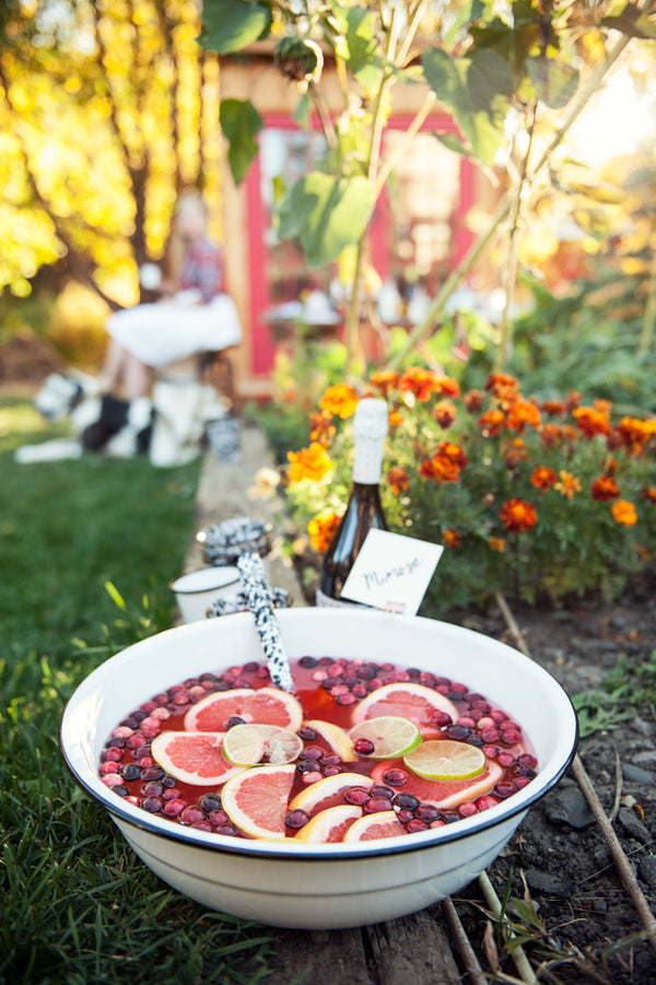 Outdoor setting with a bowl of fruit punch and people in the background