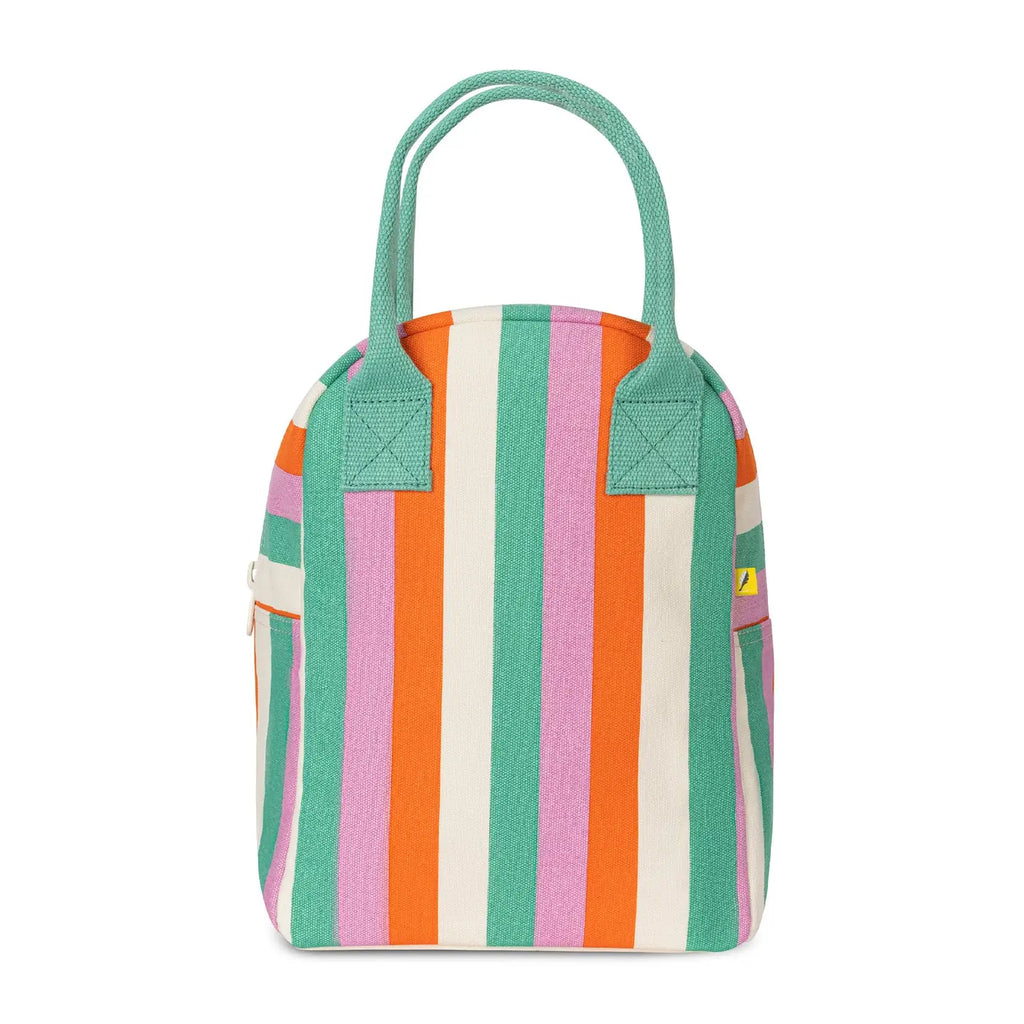 A striped canvas lunch bag with vertical stripes in green, orange, pink, and cream, featuring two top handles and a small yellow zipper pull accent.