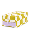 Checkered fabric pouch with a purple base on a white background