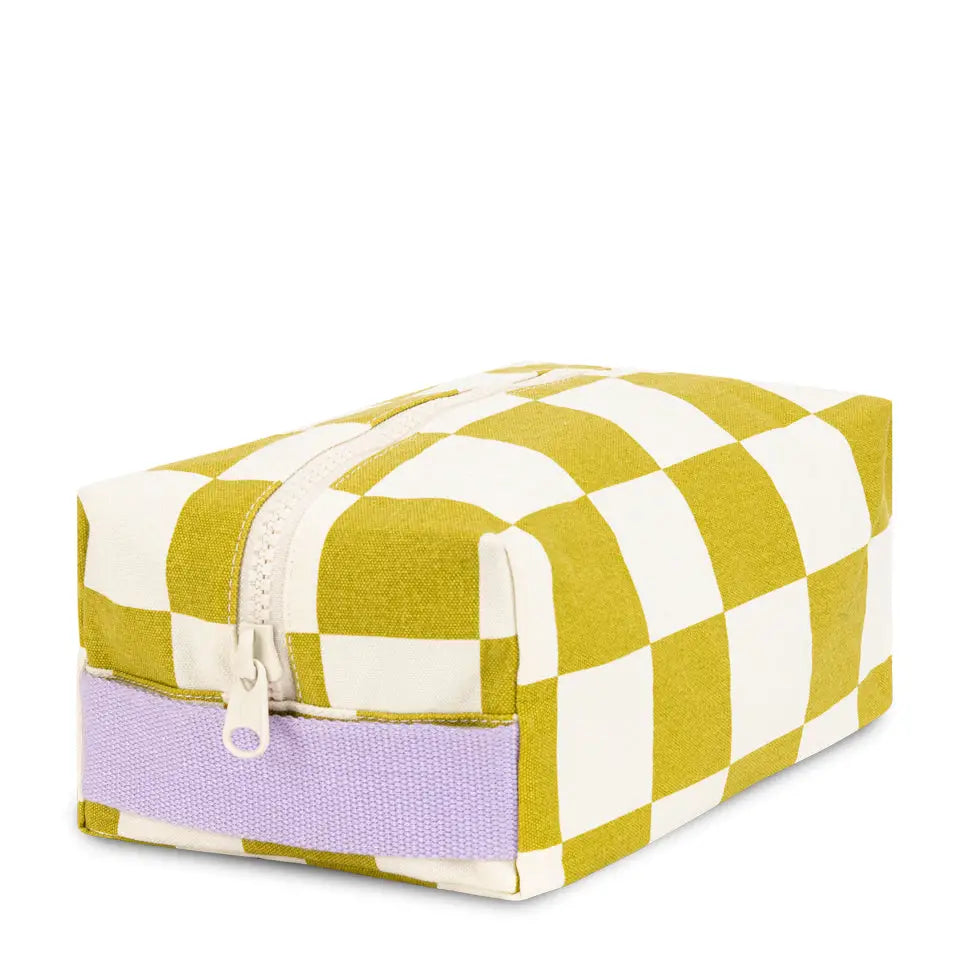 Checkered fabric pouch with a purple base on a white background