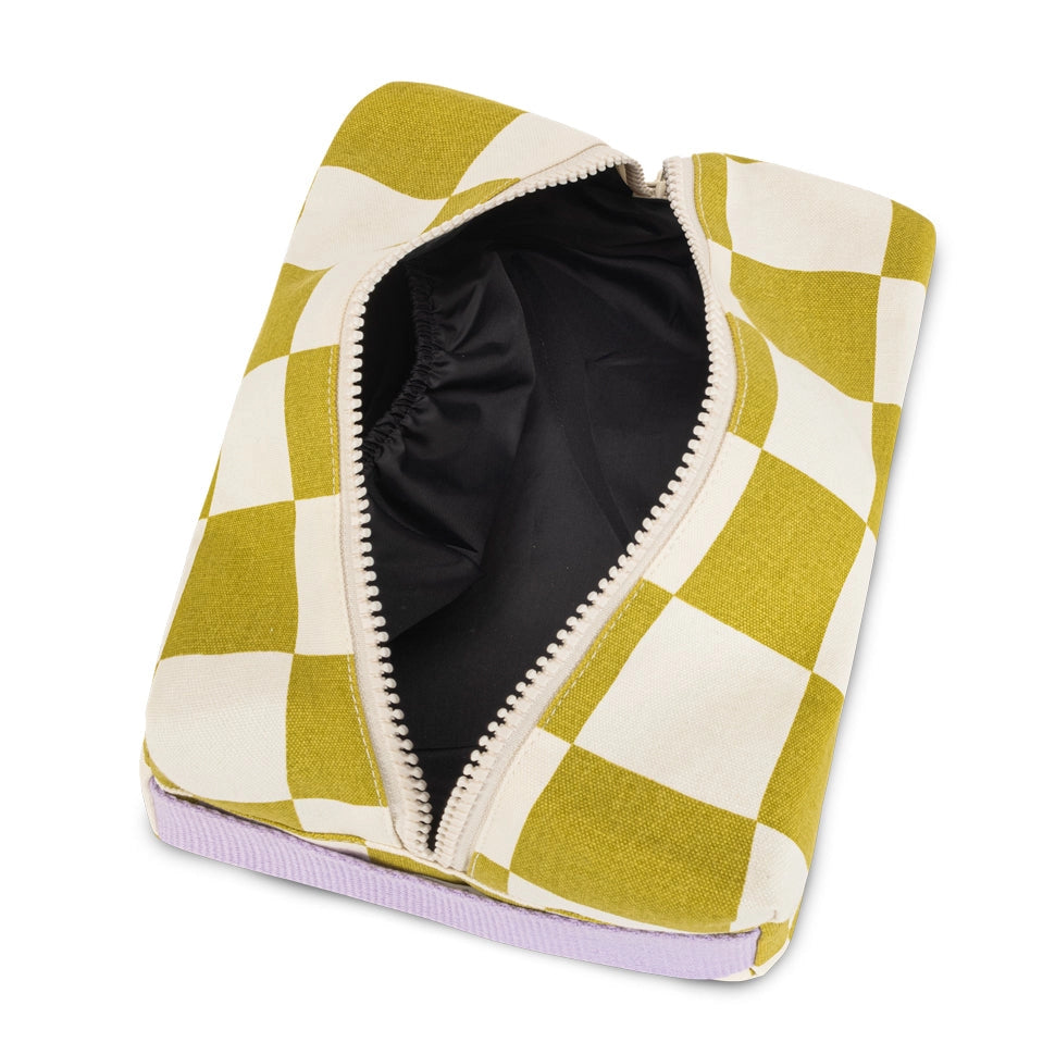Green and white checkered pouch with a zipper on a white background