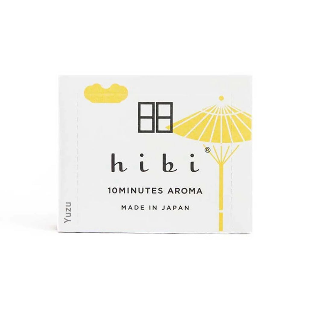Hibi 10Minutes Aroma product packaging with yellow illustrations on a white background