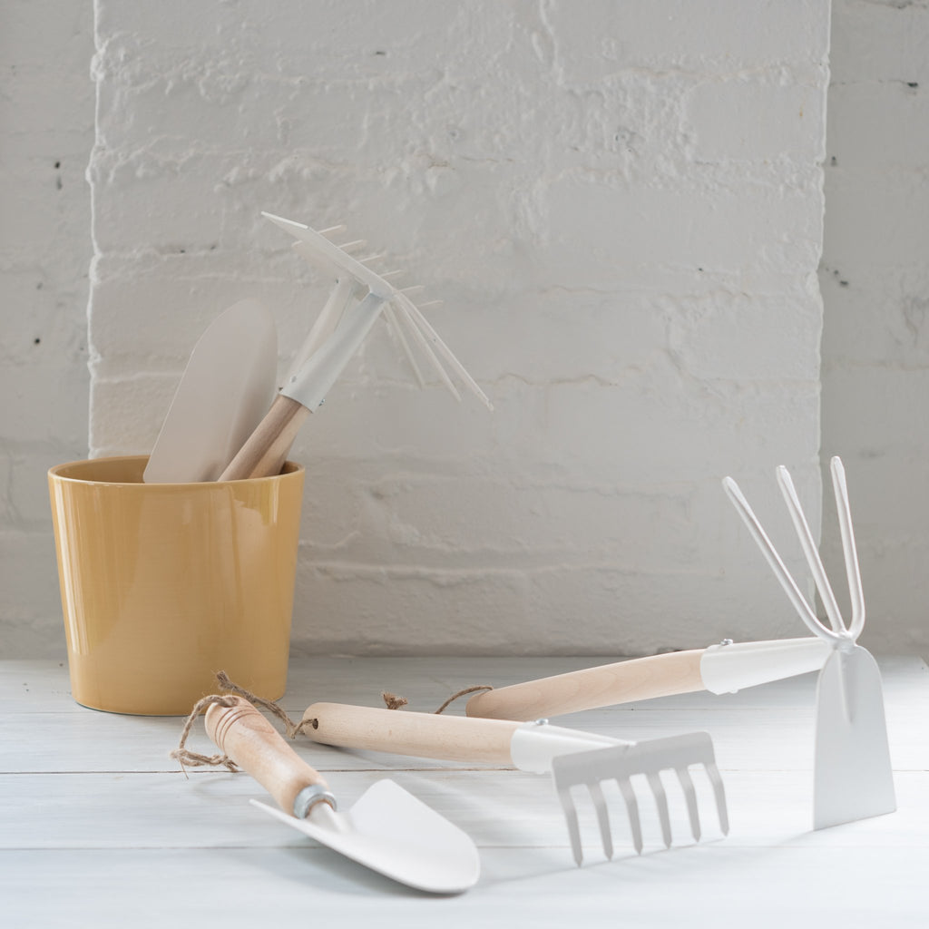 trio of white gardening tools - german gardening tools - modern gardening tools - redecker - burstenhaus redecker