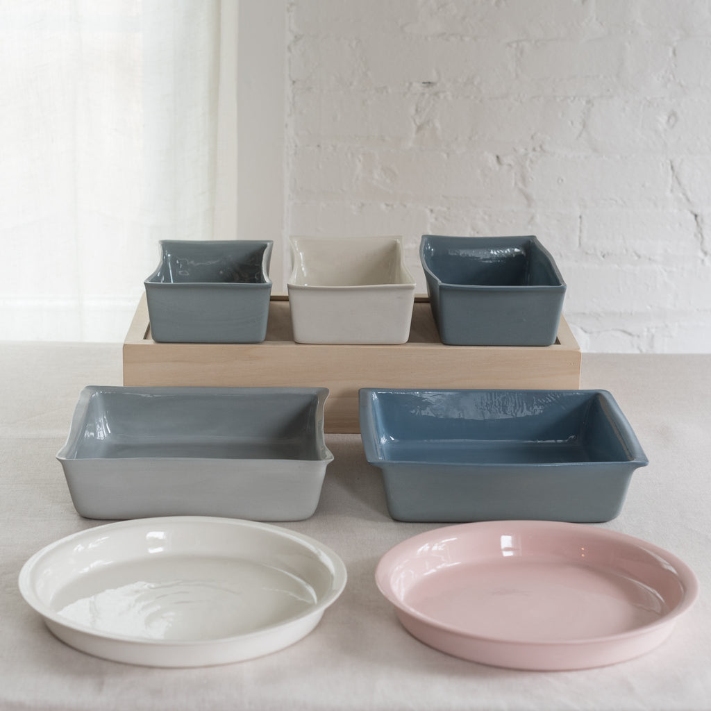 A variety of different sized ceramic baking dishes by Mud Australia